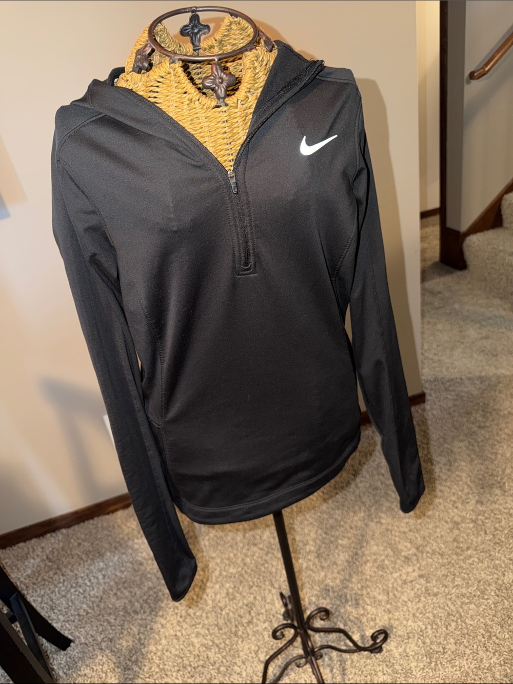 Nike Black Half-Zip Hooded Performance Pullover with White Swoosh
